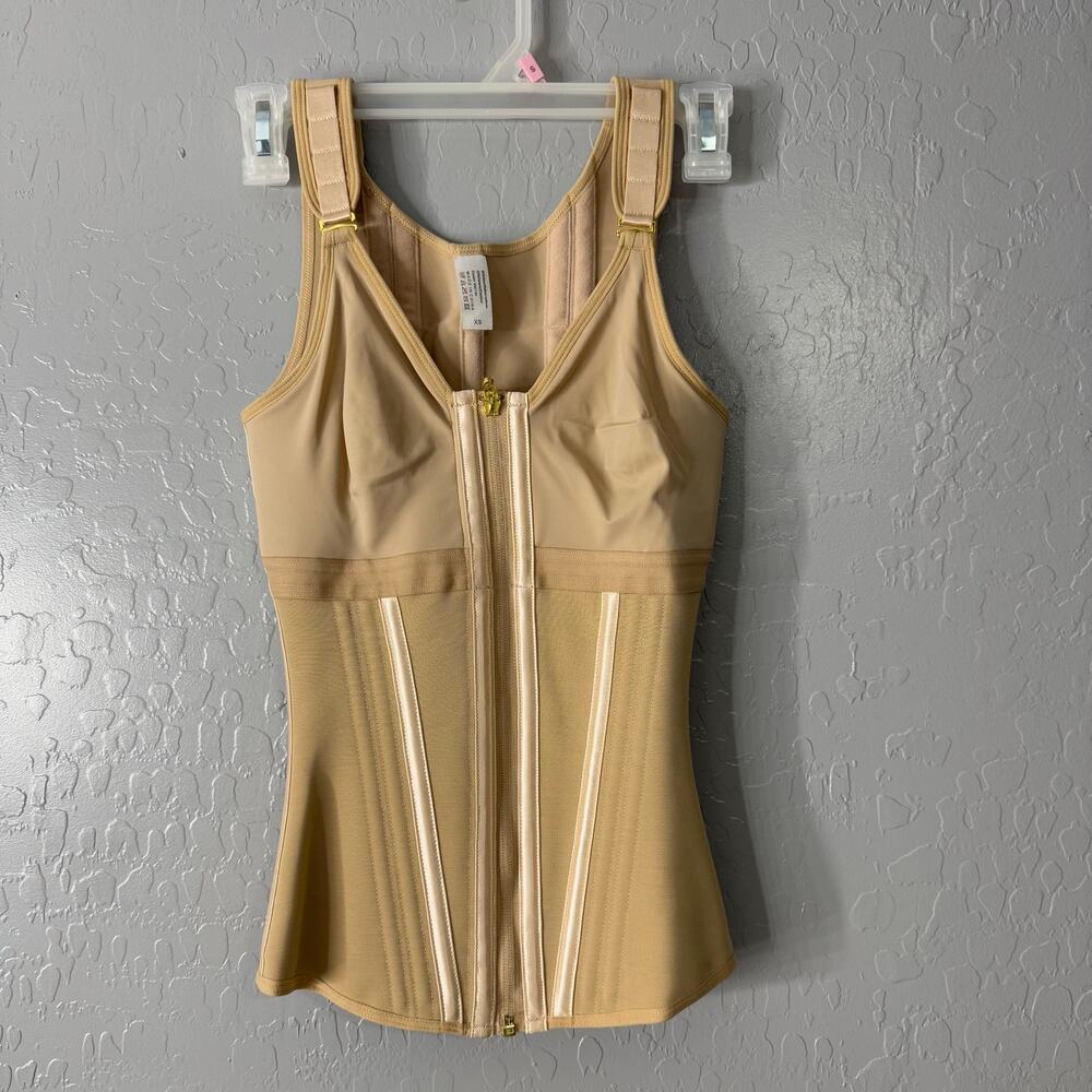 Shapeshe Tummy Control Corset Short Shapewear Waist Trainer Full Zip, Tan, M